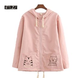 Spring Autumn Embroidery Jackets Casual Hooded Harajuku Coats Female Fashion Kitty Ladies Outerwear Windbreaker 210602