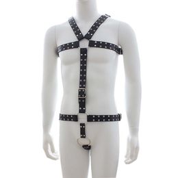 Mens Studded Leather Body Bondage Gear with Penis Ring Fetish Restraint Harness Suit Male Slave Sex Products Y0406