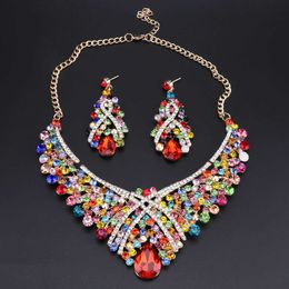 OEOEOS Indian Jewellery Crystal Necklace Earrings set Bridal Jewelry Sets for Brides Wedding Costume Accessories Decoration H1022