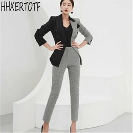 Autumn Winter Plaid Women Pant Suit Korean V neck Blazer Jacket + Pencil Office Wear Sets 210531