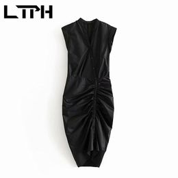 French elegant thin sleeveless women dress Sexy V-Neck Folds Slim irregular Package Hip dresses Spring Summer 210427