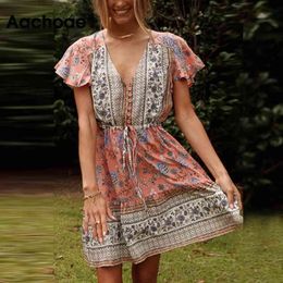 Summer Elegant Floral Print Mini Boho Style Pleated Beach V Neck Short Sleeve Casual Dress Vestidos Mujer 210413