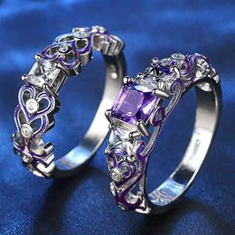 Ametista Gemstone Zircon Anéis Diamante Set para Mulheres Roxo Cristal Esmalte Branco Cor De Ouro Anillos Jóias Festa Fashion Bijoux