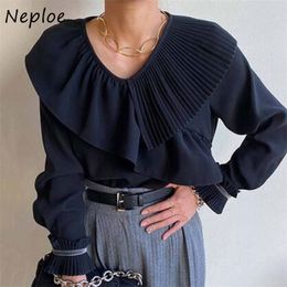 Pleated Turn-down Collar Ruffles Patchwork Shirts Solid Color Chic Design Women Blouse Korean Style Loose Femme Blusas 210422