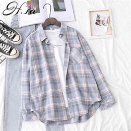 HSA Women Korean Blouse Shirts Chic Boy Friend Style Plaid Blusa and Mujer Spring Bluas Shirt Pink Outer Tops 210417