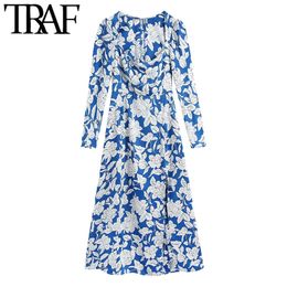 TRAF Women Chic Fashion Floral Print Front Slit Midi Dress Vintage Square Collar Long Sleeve Female Dresses Mujer 210415