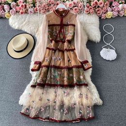 Elegant See Through Lantern Sleeve Mesh Flower Embroidery Stitching Lace Trims High Waist Sweet Bow Party Long Dress 210416