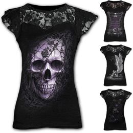 Shirt Women Summer Fashion Gothic Style Short Sleeve Round Neck Skull Lace Tops Plus Size Multi-colored Female Shirts Pullovers 210406