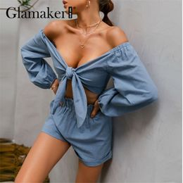 Glamaker Blue 2 piece suit Women top with knotted on the chest and loose shorts Casual cotton comfortable suit Lady sets 210721