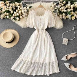 Summer French Vestidos Female Lace Age-reducing Puff Sleeve Waist Was Thin Sweet Midi Dress with Lotus Leaf GK214 210507