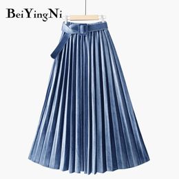 Beiyingni Autumn Winter Skirt Women With Belt Long Metallic Silver Maxi Pleated Skirt Midi High Waist Fashion Vintage Saia Party 210416