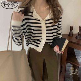 College Style Striped Knitted Shirts Women Cardigan Thin Tops Korean Wild Blouse Loose O Neck Short Coat Female 12896 210417