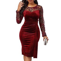 Hot Sexy Dress Women Autumn Winter See Through Long Sleeve Lace Embroidery Patchwork Ruched Bodycon Party Dress 3 Colors Y1006