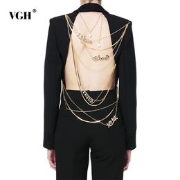 VGH Asymmetric Blazer For Women Notched Collar Long Sleeve Backless Sequined Chains Designer Coats Female Fashion 211006