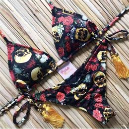 Girls tassels brazilian bikini ties halter swimwear skull print biquini strappy bandage swimsuit beach wear bathing suit women 210722