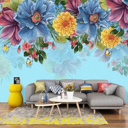 Custom 3D Retro Hand Painted Floral Mural Living Room Bedroom Background Photo Wallpaper Blue Flowers Waterproof Canvas Paintinggood quatity