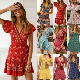 Beautiful Women's Short Sleeve Boho Floral Wrap Dress Ladies Summer Holiday Party Sundress X0705