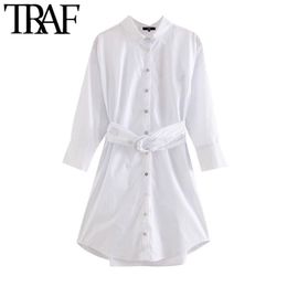 TRAF Women Chic Fashion With Belt Button-up Mini Shirt Dress Vintage Three Quarter Sleeves Loose Female Dresses Mujer 210415