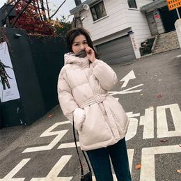 Winter Hooded Puffer Jacket Women Korean Solid Color Parka With belt Thicken Warm Cotton Padded Coat Elegant Outwear Office Lady 211216