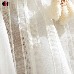 White Stripe Sheer Curtain for Living Room Soft Rich Material Linen Delicate Patio Sliding Glass Door Window Panels 211203