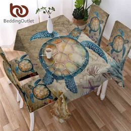 BeddingOutlet Sea Turtle Tablecloth Map Tortoise Waterproof Cloth Marine Animal Starfish Decorative Cover 140x200cm 210626