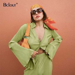 Bclout Summer Green Vintage Women Suit Flare Sleeve Shirt And High Waist Pants Two Peice Set Autumn Streetwear Loose Woman 210930