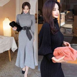 Winter han edition cultivate one's morality dress knitted turtleneck lantern sleeve fish tail hair 210602