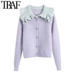 TRAF Women Fashion Bejewelled Buttons Patchwork Ruffled Cardigan Sweater Vintage Long Sleeve Female Outerwear Chic Tops 210415
