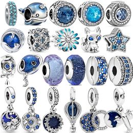 100% 925 Sterling Silver Spring Blue Dangle Charms Fit Original Pandora Bracelet DIY Jewelry