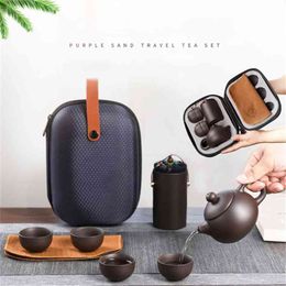 Kung Fu Tea Set Purple Sand Cups Ceramic Portable Travel pot Caddy + pot Cup Fine Gift 210813