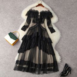2021 Summer Long Sleeve Round Neck Black Contrast Colour Lace Tulle Panelled Ruffle Detail Mid-calf Dress Elegant Casual Dresses 21W271756T12291