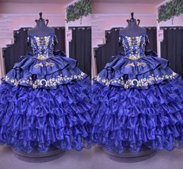 2023 Royal Blue Horse Embroidered Quinceanera Dress Plus Size Ball Gowns Off The Shouer Organza Ruffle Party Sweet 16 Dress 15 Girls