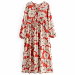 INSPIRED red floral dress for women V-nec tied loose bohemian style spring summer dress new casual dress female 210412