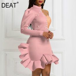 Women Patchwork Beaded Ruffles Dress Stand Neck One-shoulder Long Sleeve Loose Fit Fashion Tide Summer 7D0022 210421