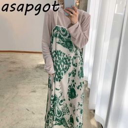 Korean Chic Autumn Retro Halo Dye Printed Spaghetti Strap Dress Loose O Neck Tshirts Women Solid Cotton Top Long Sleeve 210610