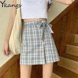 Summer Plaid Bowknot Bind Belt Skiet Mini Skirts Women High-Waisted Harajuku Pleated Skirt Korean Vintage Short 210421