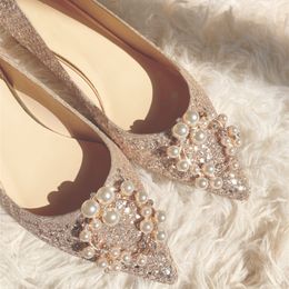 Pearl Circle Pointed Flat Women Shoes Circle Buckle Diamond Sexy Wedding Bridal Bradesmaid Prom for Lady Shoes