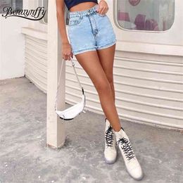 Solid Zipper Fly Raw Trim Skinny Denim Shorts Women Sexy High Waist Straight Leg Jeans Summer Clothes 210510