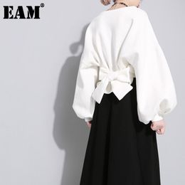 [EAM] Spring Autumn Round Neck Long Sleeve Solid Colour Black Back Bandage Bow Loose Sweatshirt Women Fashion JE14101 21512