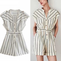 ZA Summer Striped Short Jumpsuit Women Sleeveless Elastic Waist Holiday Style Playsuit Chic Button Up Woman Fit Playsuits 210602