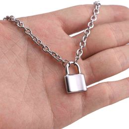 Stainless Steel Silver Colour Pad Lock Pendant Long Necklace Brand New Rolo Cable Chain Necklace Women Collar Jewellery Choker G1206