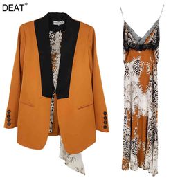 summer women clothes notched collar full sleeves yellow contrast Colours blazer and straps V-neck dress set WP92415L 210421