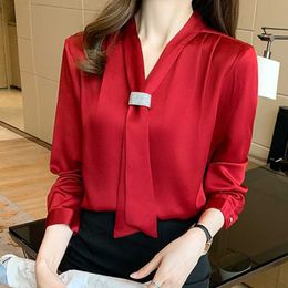 Korean Women Shirts Chiffon Blouses for Long Sleeve Tops Woman Ribbon Blouse Plus Size Bow Tie Shirt XXL 210604