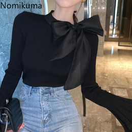 Nomikuma Bow Tie Collar Slim Sweater Women Solid Colour Long Sleeve Pullover Sueter Mujer Autumn Korean Jumpers Tops 3d235 210514