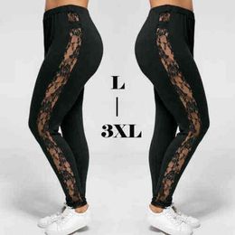 US Womens Plus Size Solid Leggings Stretch Pants Long Full Length One 1X 2X 3X High-stretch lace leggings Y211115