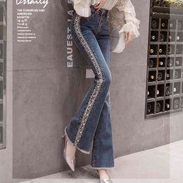 Fashion Spring Autumn Europe Style Women Beading Flare Skinny Denim Pants Female Jeans Cowboy Trousers A3213 210428