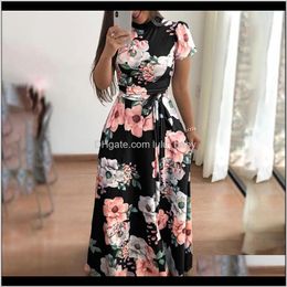 Womens Clothing Apparel Drop Delivery 2021 Summer Autumn Casual Short Sleeve Long Dress Boho Floral Print Maxi Turtleneck Bandage Elegant Dre