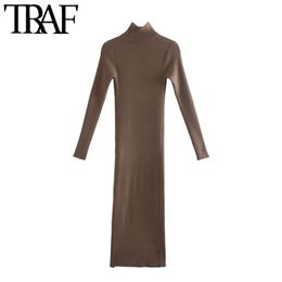TRAF Women Chic Fashion Stretchy Slim Side Slit Midi Knit Dress Vintage High Neck Long Sleeve Female Dresses Vestidos 210415