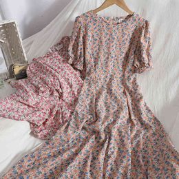 Fashion holiday floral dress for womens summer style puff sleeve slim beach elegant Korean O neck A-line long Dress 210420