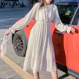 Retro Polka Dot Chiffon Dress Women Spring Chic Ruffle Long Sleeve Female Floral Printed Dresses A-line Vestido 210423